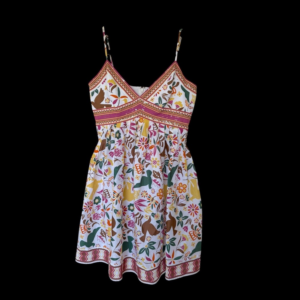 BCBGMAXAZRIA Floral Bird Print Cotton Mini Sun Dress Pink Yellow Size 6